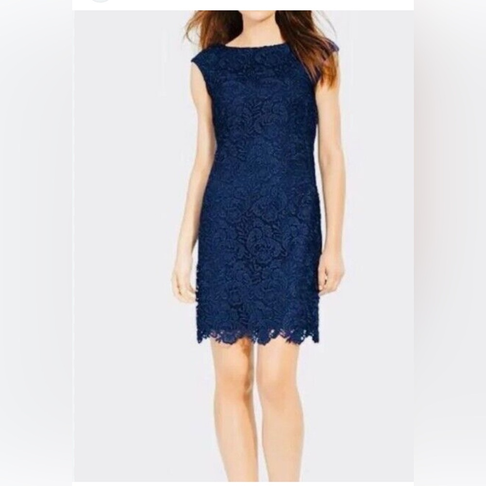 Ralph Lauren Dress Navy Blue 4 Stretch Lace Sheath Wedding Holiday Cruise Party